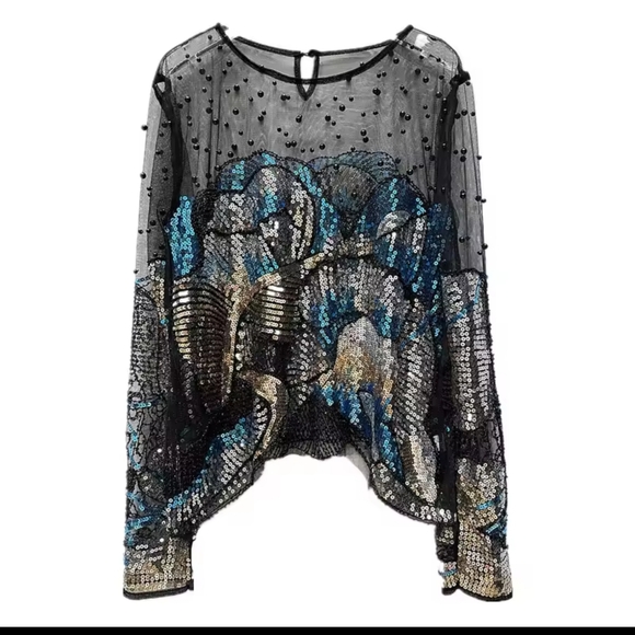 Luxury Women Sequins Floral Embroidery Golden Blouses - Picture 3 of 6